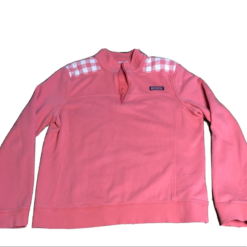 Vineyard Vines Pink Quarter-Zip Pullover with White Gingham Shoulder Panels